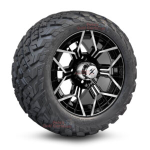 12" Mantis Black/Machined Golf Cart Wheels and 20x10-12 Ironclad All Terrain Golf Cart Tires Combo - Set of 4 (20" tall)