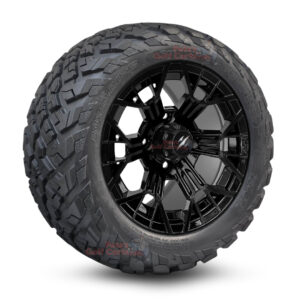 12" Mantis Gloss Black Golf Cart Wheels and 20x10-12 Ironclad All Terrain Golf Cart Tires Combo - Set of 4 (20" tall)