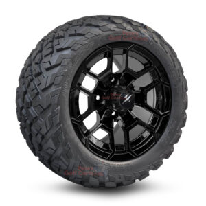 12" Talon Gloss Black Golf Cart Wheels and 20x10-12 Ironclad All Terrain Golf Cart Tires Combo - Set of 4 (20" tall)