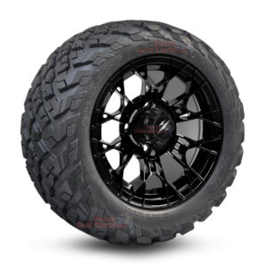 12" Tarantula Gloss Black Golf Cart Wheels and 20x10-12 Ironclad All Terrain Golf Cart Tires Combo - Set of 4 (20" tall)