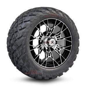 12" Tarantula Black/Machined Golf Cart Wheels and 20x10-12 Ironclad All Terrain Golf Cart Tires Combo - Set of 4 (20" tall)