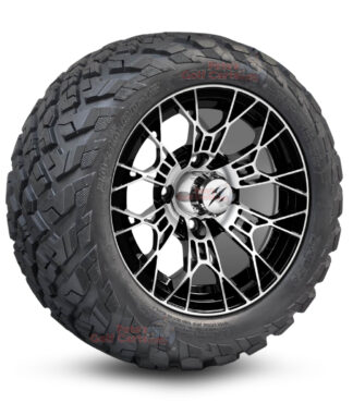 12" Tarantula Black/Machined Golf Cart Wheels and 20x10-12 Ironclad All Terrain Golf Cart Tires Combo - Set of 4 (20" tall)