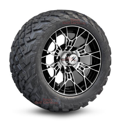 12" Tarantula Black/Machined Golf Cart Wheels and 20x10-12 Ironclad All Terrain Golf Cart Tires Combo - Set of 4 (20" tall)