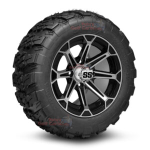 12" Viking Black/Machined Golf Cart Wheels and 20x10-12 Aurora All Terrain Golf Cart Tires Combo - Set of 4 (20" tall)