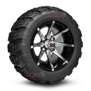 12" Kraken Black/Machined Golf Cart Wheels and 20x10-12 Aurora All Terrain Golf Cart Tires Combo - Set of 4 (20" tall)