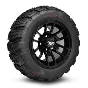 12" Lizard Gloss Black Golf Cart Wheels and 20x10-12 Aurora All Terrain Golf Cart Tires Combo - Set of 4 (20" tall)