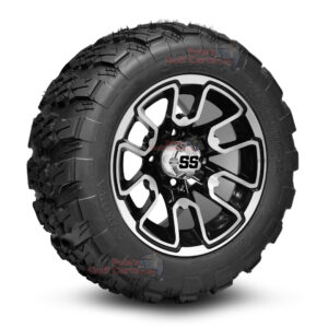 12" Lizard Black/Machined Golf Cart Wheels and 20x10-12 Aurora All Terrain Golf Cart Tires Combo - Set of 4 (20" tall)