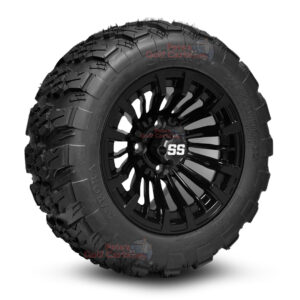 12" Matador Gloss Black Golf Cart Wheels and 20x10-12 Aurora All Terrain Golf Cart Tires Combo - Set of 4 (20" tall)