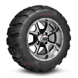 12" Predator Black/Machined Golf Cart Wheels and 20x10-12 Aurora All Terrain Golf Cart Tires Combo - Set of 4 (20" tall)