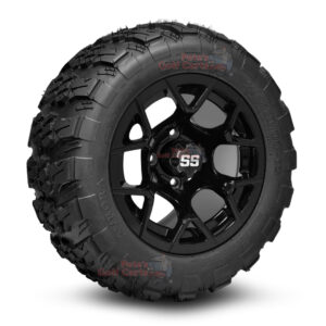12" Rally Gloss Black Golf Cart Wheels and 20x10-12 Aurora All Terrain Golf Cart Tires Combo - Set of 4 (20" tall)