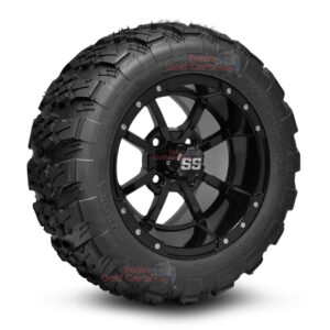 12" Storm Trooper Gloss Black Golf Cart Wheels and 20x10-12 Aurora All Terrain Golf Cart Tires Combo - Set of 4 (20" tall)