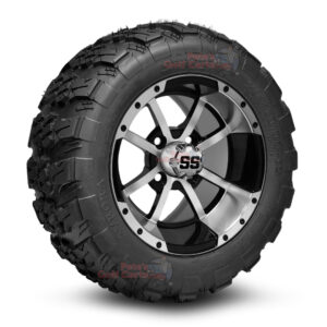12" Storm Trooper Black/Machined Golf Cart Wheels and 20x10-12 Aurora All Terrain Golf Cart Tires Combo - Set of 4 (20" tall)