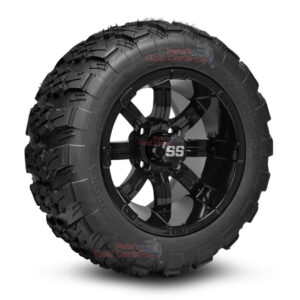 12" Tempest Gloss Black Golf Cart Wheels and 20x10-12 Aurora All Terrain Golf Cart Tires Combo - Set of 4 (20" tall)