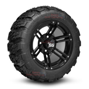 12" Terminator Gloss Black Golf Cart Wheels and 20x10-12 Aurora All Terrain Golf Cart Tires Combo - Set of 4 (20" tall)