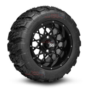 12" Matrix Gloss Black Golf Cart Wheels and 20x10-12 Aurora All Terrain Golf Cart Tires Combo - Set of 4 (20" tall)