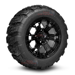 12" Mantis Gloss Black Golf Cart Wheels and 20x10-12 Aurora All Terrain Golf Cart Tires Combo - Set of 4 (20" tall)