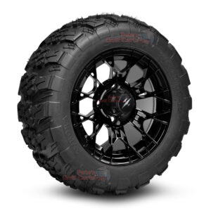 12" Tarantula Gloss Black Golf Cart Wheels and 20x10-12 Aurora All Terrain Golf Cart Tires Combo - Set of 4 (20" tall)