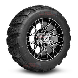 12" Tarantula Black/Machined Golf Cart Wheels and 20x10-12 Aurora All Terrain Golf Cart Tires Combo - Set of 4 (20" tall)