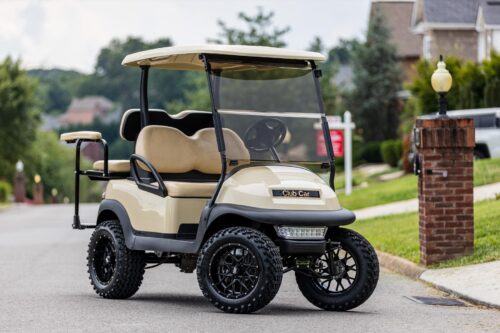 Vortex wheels installed on Club Car Precedent golf cart with lift kit.