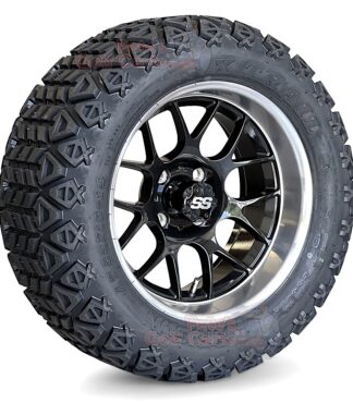 Black-widow-14-inch-gloss-black-and-machined-14x7-aluminum-golf-cart-wheels-23x10-14-23-inch-tall-arisun-xtrail-6ply-dot-all-terrain-tires-main