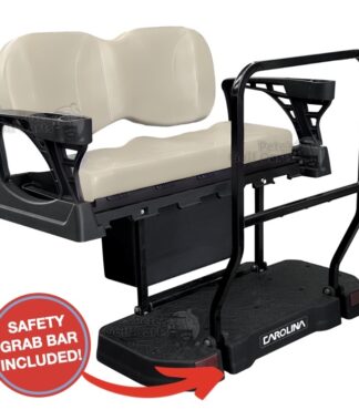 Club-car-DS-precedent-tempo-onward-golf-cart-rear-seat-kit-BUFF-deluxe-cushions-carolina-premium-flip-seat-with-grab-bar-and-ice-box