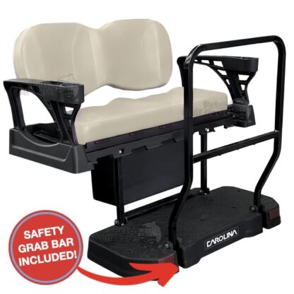 Club-car-DS-precedent-tempo-onward-golf-cart-rear-seat-kit-BUFF-deluxe-cushions-carolina-premium-flip-seat-with-grab-bar-and-ice-box