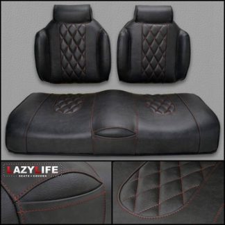 Custom Golf Cart Seat Premium Contour High Back in Escalade With Head Bump and Red Diamond Stitch Inserts