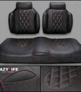 Custom Golf Cart Seat Premium Contour High Back in Escalade With Head Bump and Red Diamond Stitch Inserts