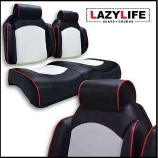 Custom Golf Cart Seat Set Premium Contour High Back with Headrest Black and White Red Piping and Stitching