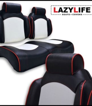 Custom Golf Cart Seat Set Premium Contour High Back with Headrest Black and White Red Piping and Stitching