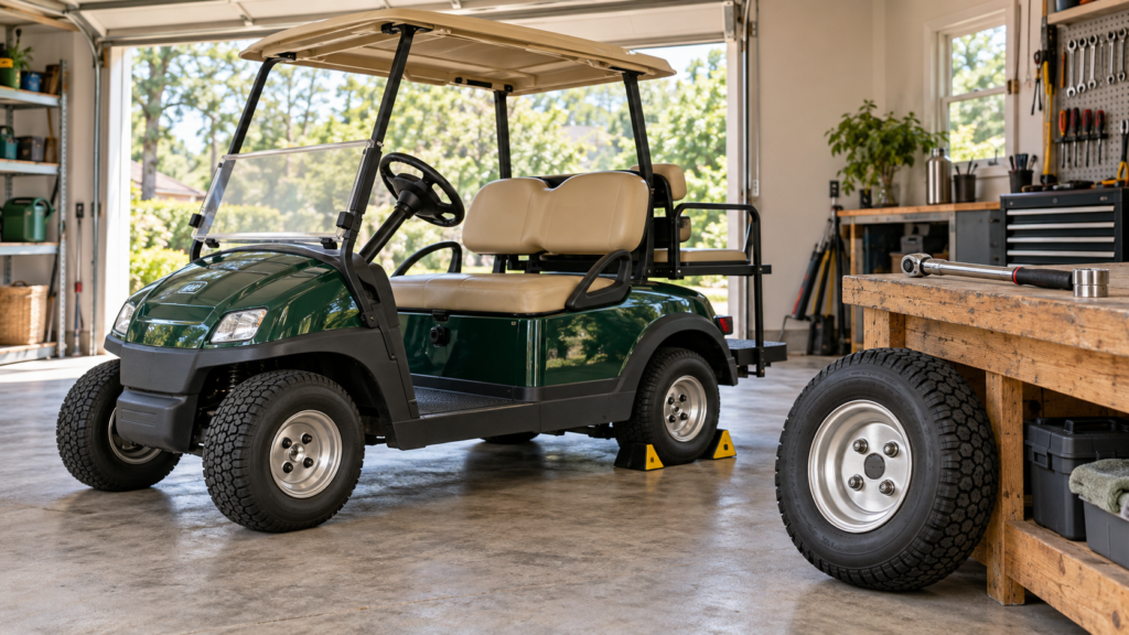Green golf cart parked in a garage beside a replacement tire-and-wheel assembly, with wheel chocks and a torque wrench ready.