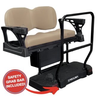 EZGO-TXT-golf-cart-rear-seat-kit-TAN-deluxe-cushions-SGC-carolina-premium-flip-seat-with-grab-bar-and-ice-box