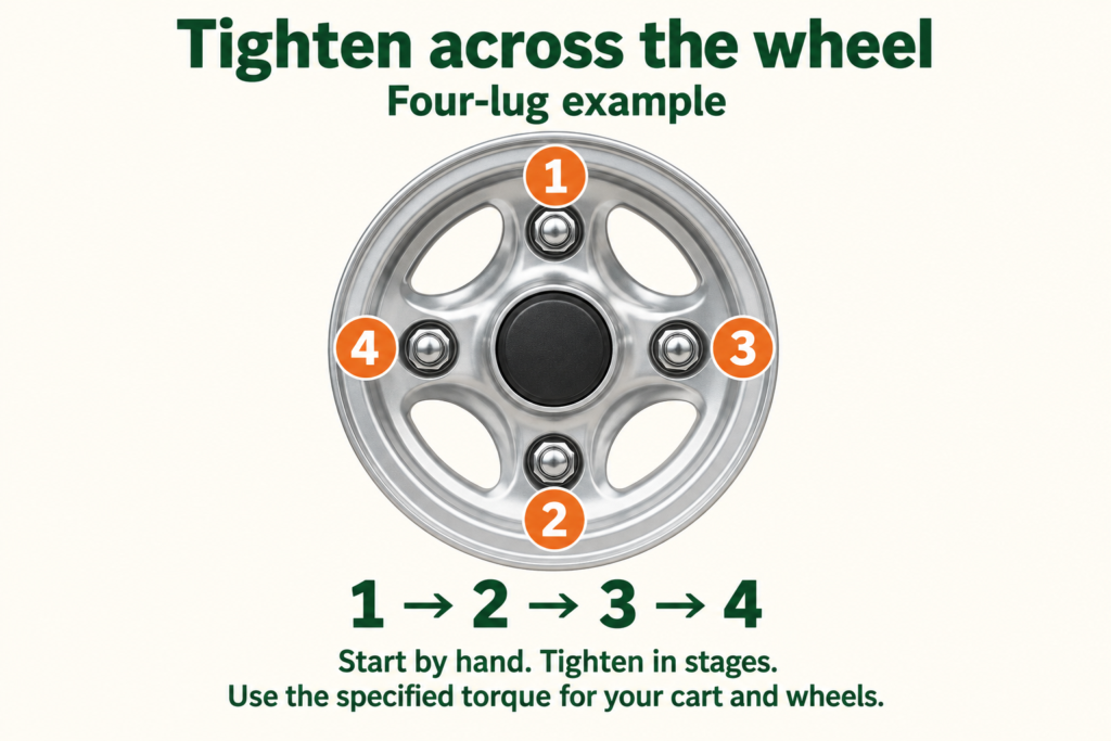 Four-lug tightening sequence showing top first, bottom second, right third, and left fourth, working across opposite pairs.