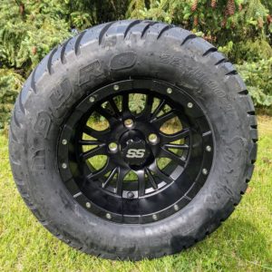 12" Golf Cart Wheel and Tire Combo: GTW Diesel Matte Black w/ Duro Scorcher 22x11-12, 4 Ply Directional Tire