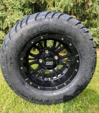 12" Golf Cart Wheel and Tire Combo: GTW Diesel Matte Black w/ Duro Scorcher 22x11-12, 4 Ply Directional Tire