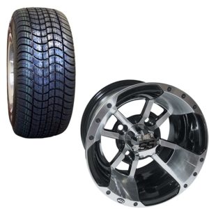Set of (4) Custom Golf Cart Wheel and Tire Package 10" Aluminum Wheel and Street Tires