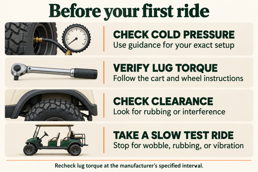 Checklist covering cold tire pressure, specified lug-nut torque, tire clearance, a slow test ride, and the manufacturer’s torque recheck interval.