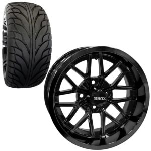 14″ RHOX RX281 Gloss Black Golf Cart Wheels and RHOX RXS 215/35-14 Street Tires | Set of 4