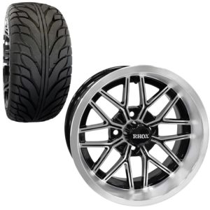 14" Nighthawk Black/Machined Golf Cart Wheel and 215/35-14 Street Tires Combo - Set of 4 (20.5" tall)
