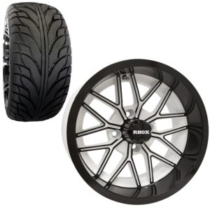 14″ RHOX RX281 Black and White Golf Cart Wheels and RHOX RXS 215/35-14 Street Tires | Set of 4