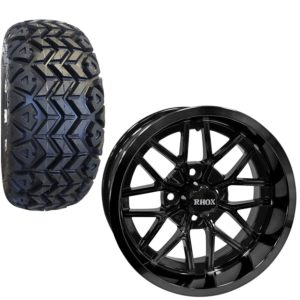 14″ RHOX RX281 Gloss Black Golf Cart Wheels and RHOX RXAT, 23x10-14 DOT Street Tires | Set of 4