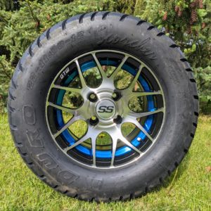 12" Golf Cart Wheel and Tire Combo: GTW Blue Trim Pursuit w/ Duro Scorcher 22x11-12, 4 Ply Tire