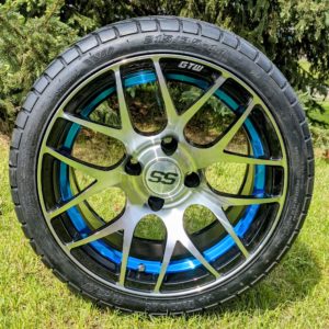 14" Pursuit Blue/Machined Aluminum Golf Cart Wheels and 205/40-R14 GTW® Fusion GTR Steel Belted Radial Street Tires Combo - Set of 4