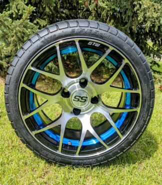 14" Pursuit Blue/Machined Aluminum Golf Cart Wheels and 205/40-R14 GTW® Fusion GTR Steel Belted Radial Street Tires Combo - Set of 4