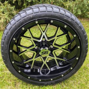 14" Matrix Black/Machined Aluminum Golf Cart Wheels and 205/40-R14 GTW® Fusion GTR Steel Belted Radial Street Tires Combo - Set of 4