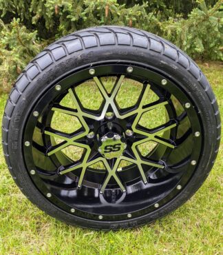 14" Matrix Black/Machined Aluminum Golf Cart Wheels and 205/40-R14 GTW® Fusion GTR Steel Belted Radial Street Tires Combo - Set of 4