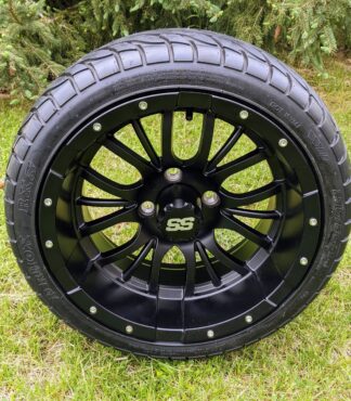 14" Diesel Matte Black Aluminum Golf Cart Wheels and 205/40-R14 GTW® Fusion GTR Steel Belted Radial Street Tires Combo - Set of 4