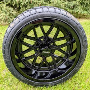 14" RX281 Gloss Black Aluminum Golf Cart Wheels and 215/35-14 RHOX RXS Low Profile Street Directional Tires - Set of 4