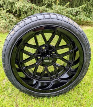 14" RX281 Gloss Black Aluminum Golf Cart Wheels and 215/35-14 RHOX RXS Low Profile Street Directional Tires - Set of 4