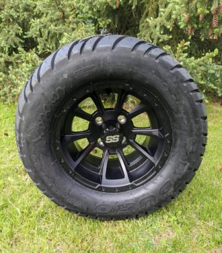 12" Golf Cart Wheel and Tire Combo: Matte Black SS Wheel w/ Duro Scorcher 22x11-12 Directional Street Tire 4 Ply